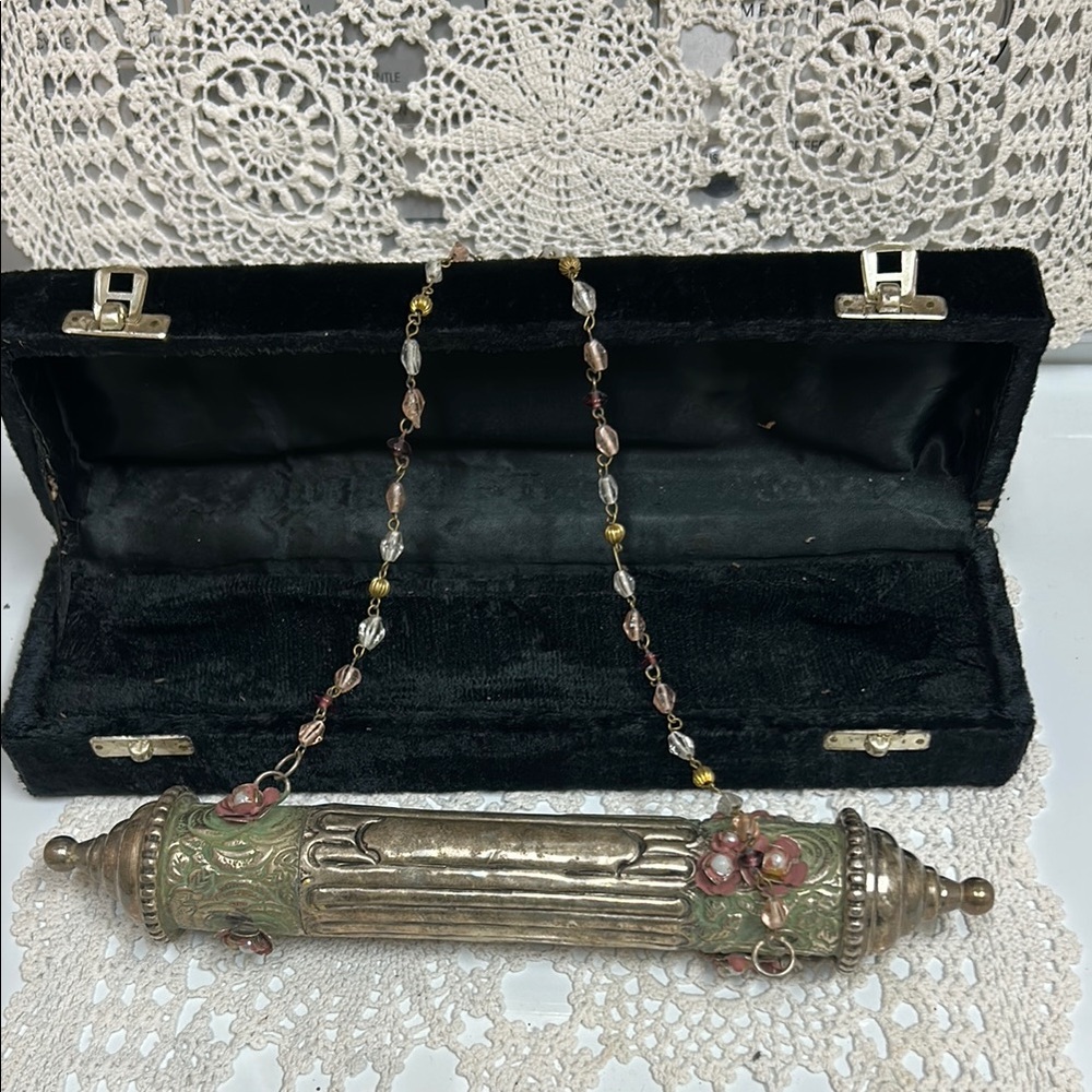 Vintage Silver and Green Scroll Case with Chain